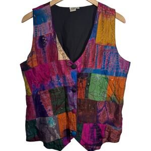 Vintage Vest Women L Patchwork Multicolor Button Up !00% Silk Doodle Art to Wear